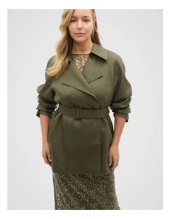 Linen Crop Trench Coat in Green