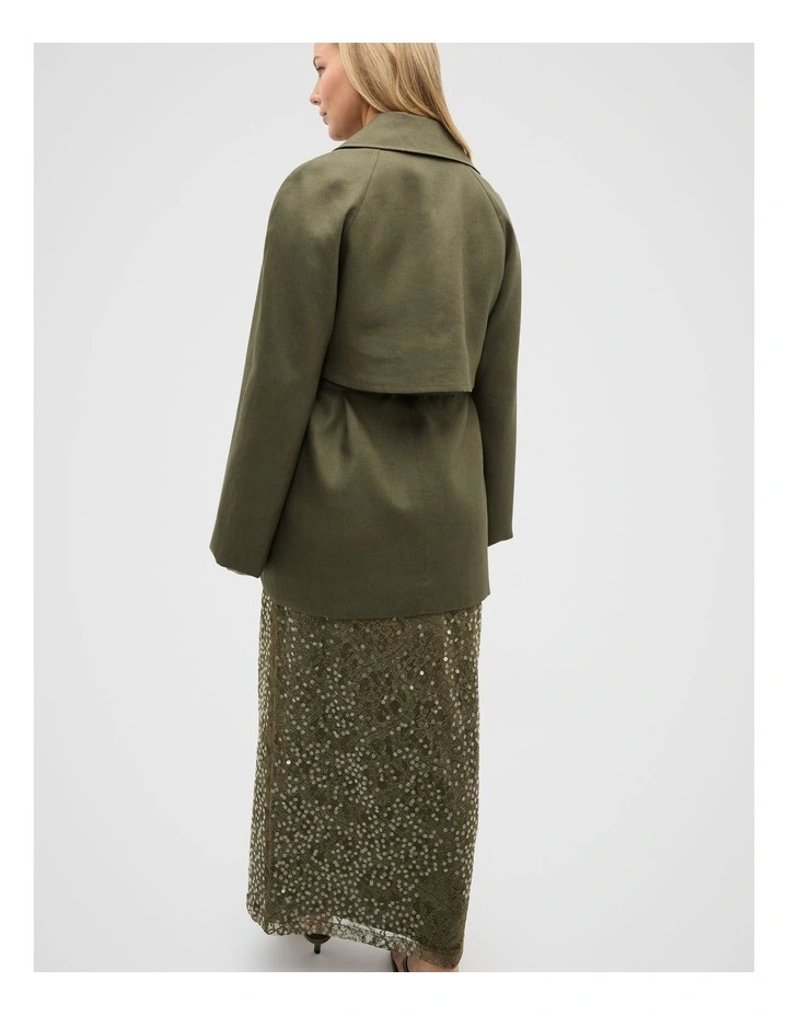 Linen Crop Trench Coat in Green image 2