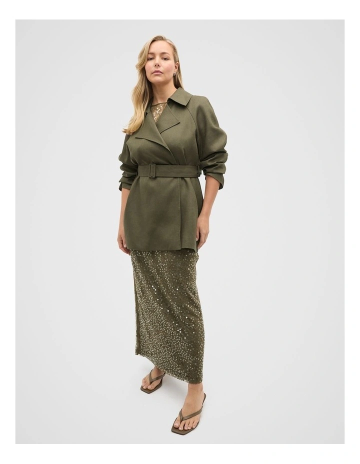 Linen Crop Trench Coat in Green image 3