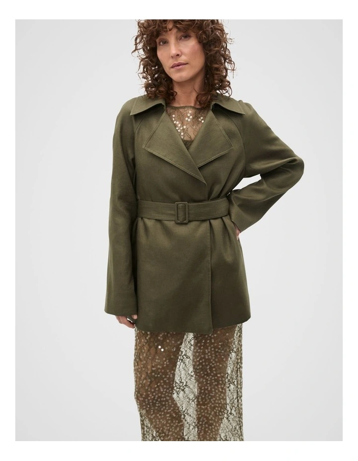 Linen Crop Trench Coat in Green image 4