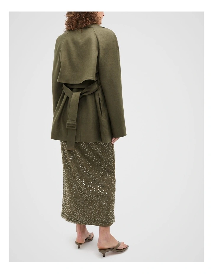 Linen Crop Trench Coat in Green image 5