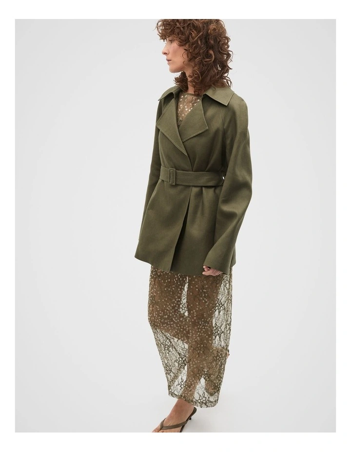 Linen Crop Trench Coat in Green image 6