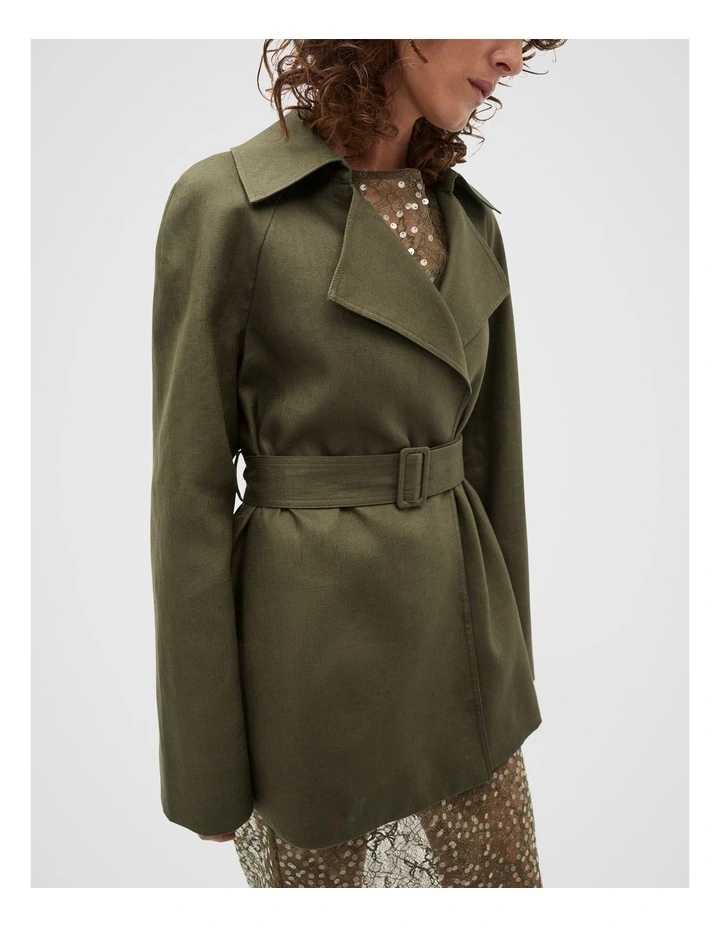 Linen Crop Trench Coat in Green image 7