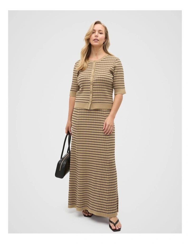 Stripe Rib Knit Short Sleeve Cardigan in Brown image 1