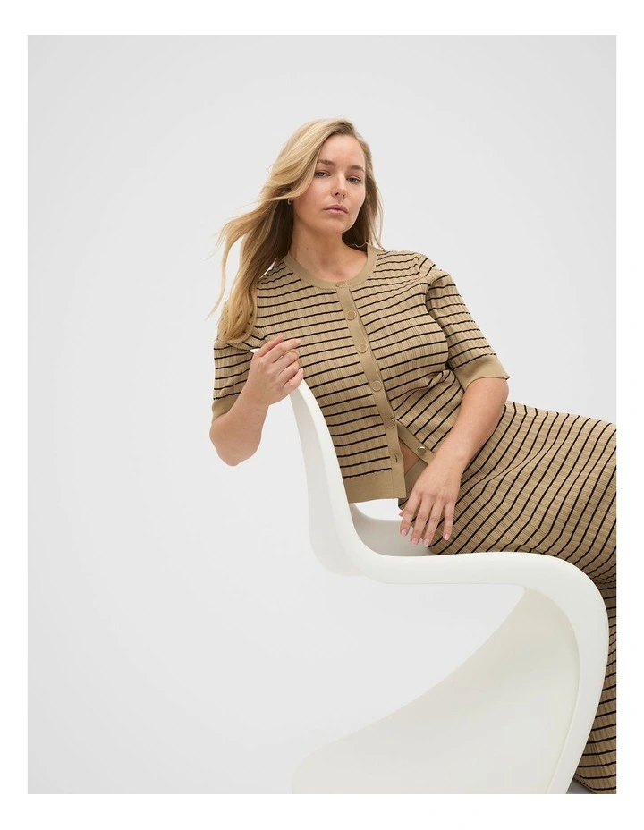 Stripe Rib Knit Short Sleeve Cardigan in Brown image 3