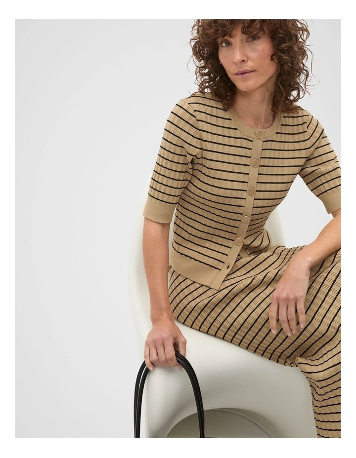 Stripe Rib Knit Short Sleeve Cardigan in Brown image 4