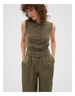 Merino Button Through Knit Vest in Olive Leaf