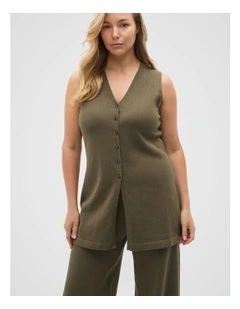 V Neck Button Through Knit Vest in Olive Leaf