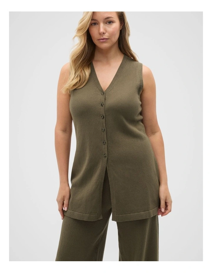V Neck Button Through Knit Vest in Olive Leaf image 1