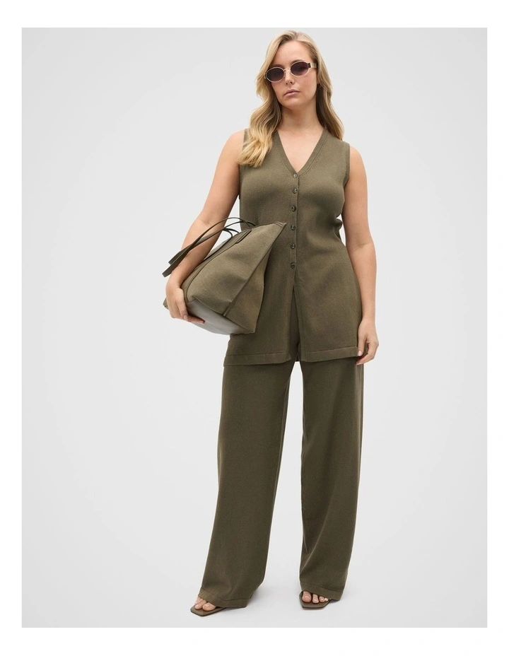 V Neck Button Through Knit Vest in Olive Leaf image 3