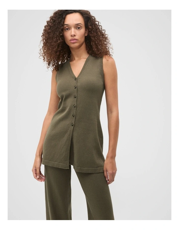 V Neck Button Through Knit Vest in Olive Leaf image 4