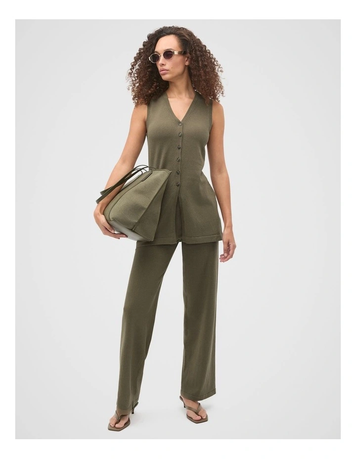V Neck Button Through Knit Vest in Olive Leaf image 6