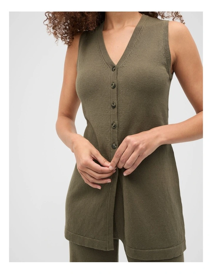 V Neck Button Through Knit Vest in Olive Leaf image 7