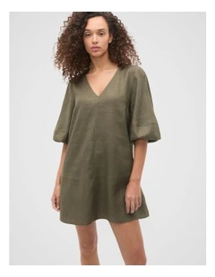 Linen V Neck Seam Detail Mini Dress in Olive Leaf
