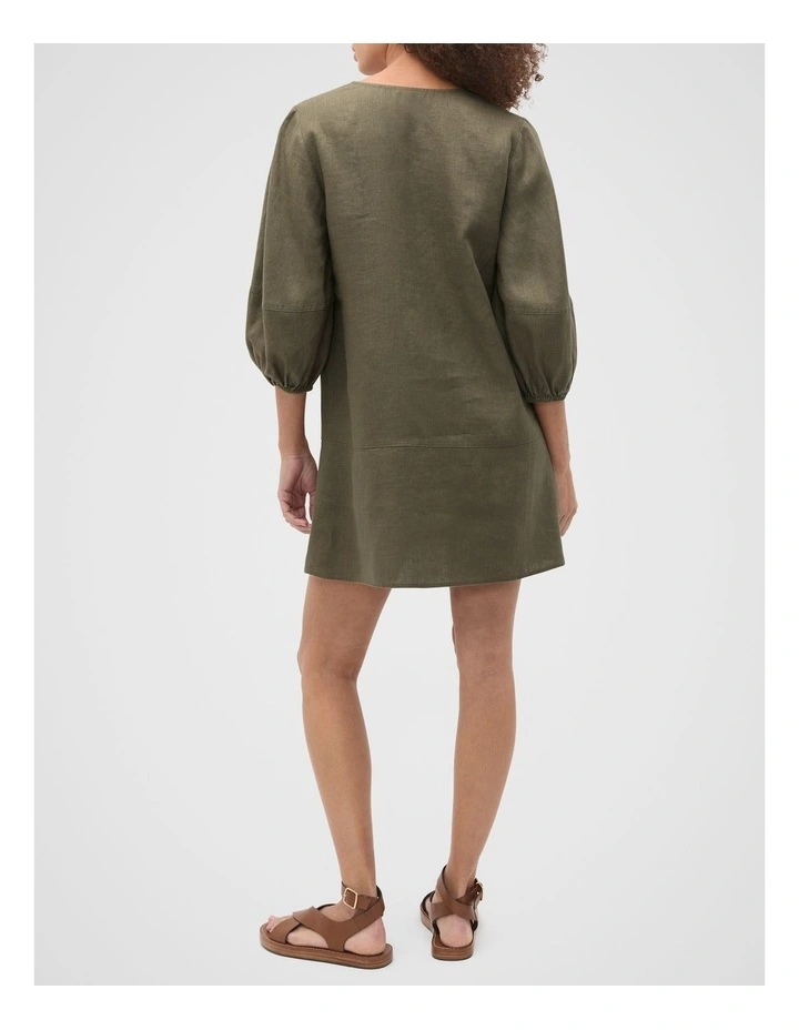 Linen V Neck Seam Detail Mini Dress in Olive Leaf image 2