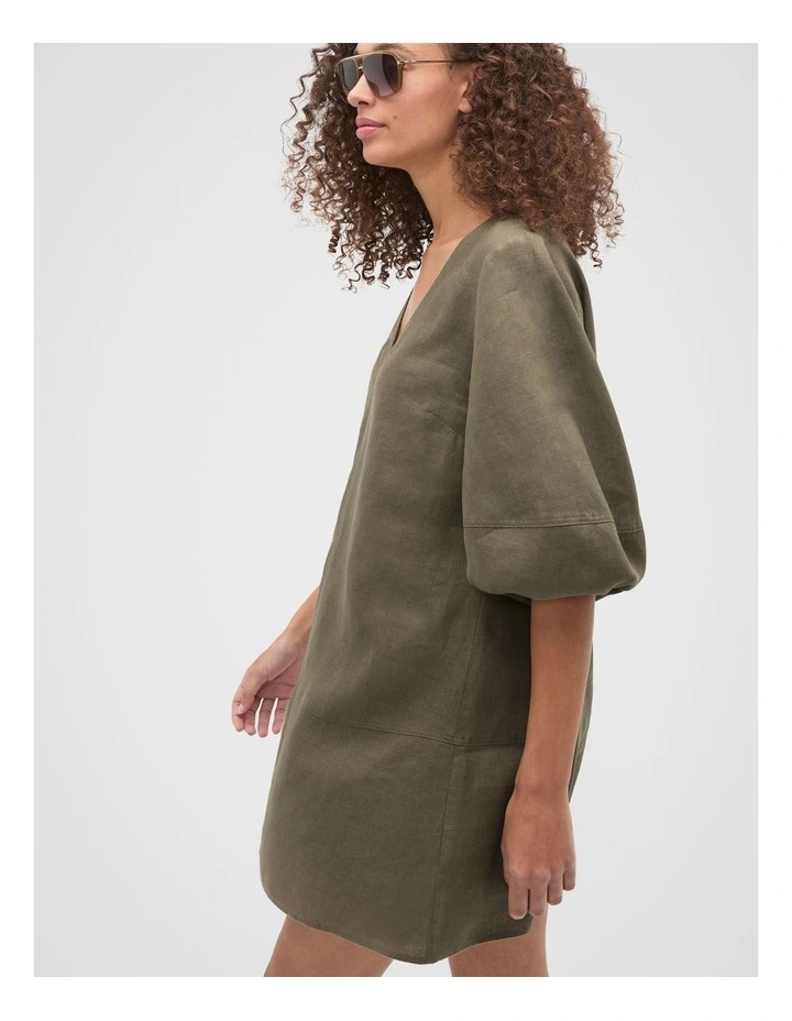 Linen V Neck Seam Detail Mini Dress in Olive Leaf image 3