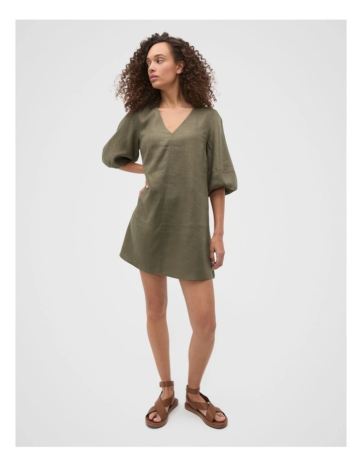 Linen V Neck Seam Detail Mini Dress in Olive Leaf image 4