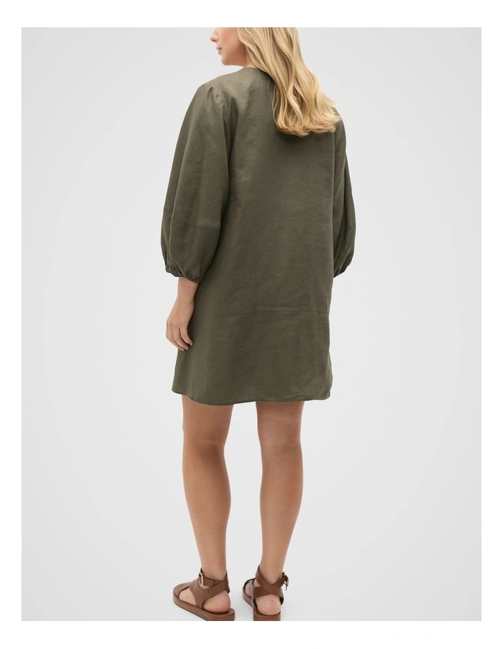 Linen V Neck Seam Detail Mini Dress in Olive Leaf image 5