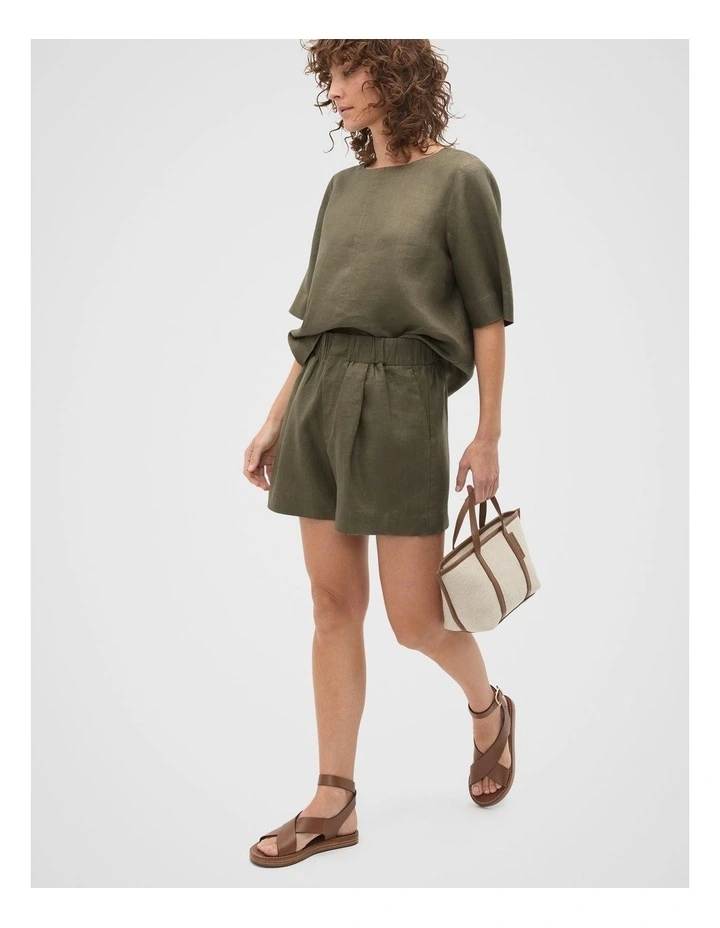 Core Linen Gathered Palazzo Short in Olive Leaf image 3
