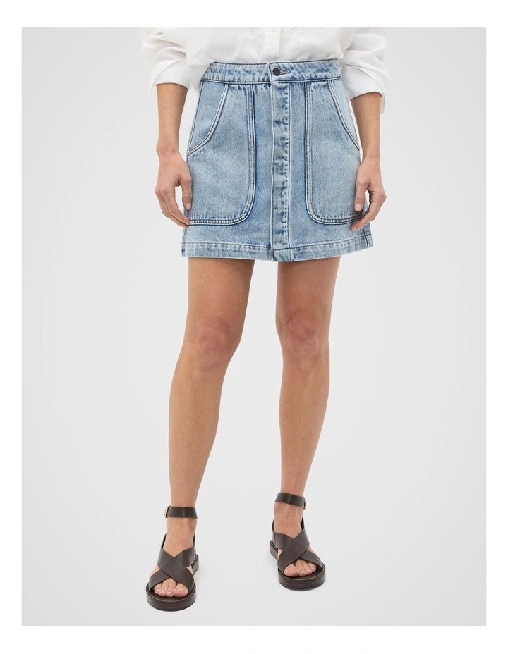 Denim Curve Pocket Mini Skirt in Blue Wash image 1