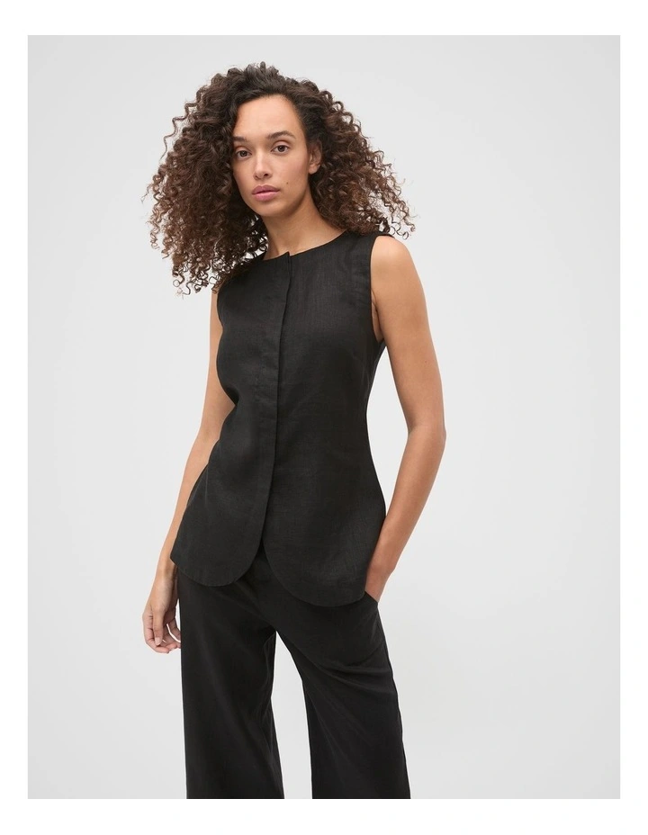 Linen Concealed Placket Vest in Black image 1