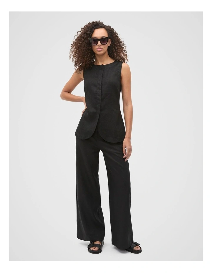 Linen Concealed Placket Vest in Black image 3