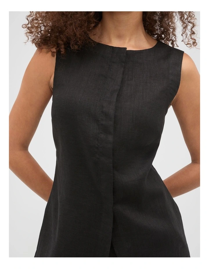 Linen Concealed Placket Vest in Black image 4