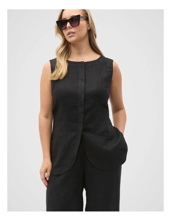 Linen Concealed Placket Vest in Black image 5