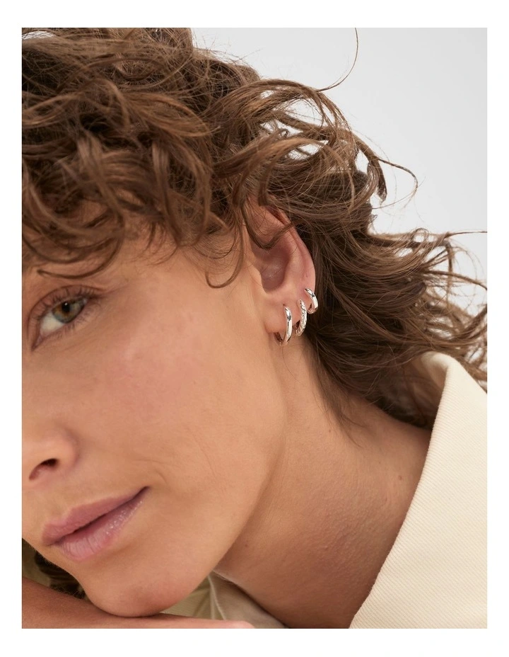Textured Huggie Ear Pack in Silver image 2