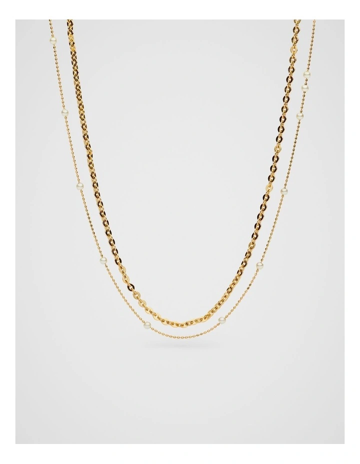 Pearl Station Double Necklace in Gold image 3