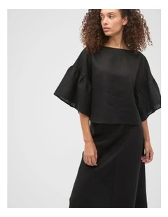 Linen Frill Sleeve Top in Black