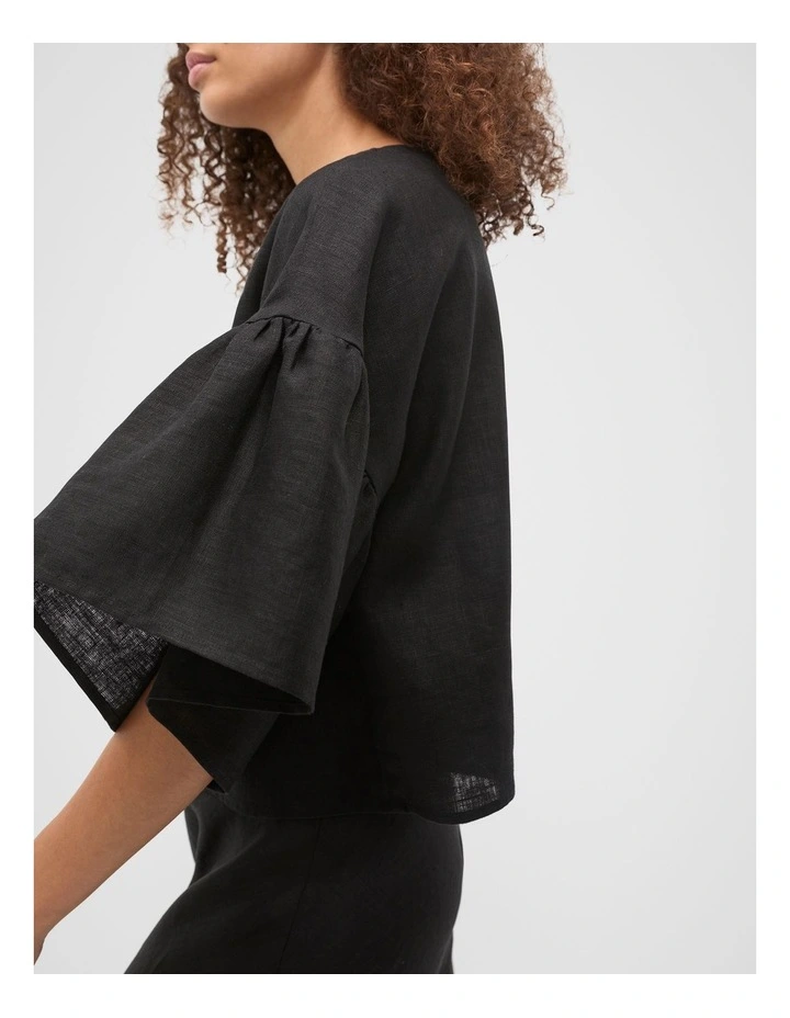 Linen Frill Sleeve Top in Black image 4