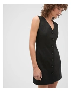 Linen V Neck Button Mini Dress in Black