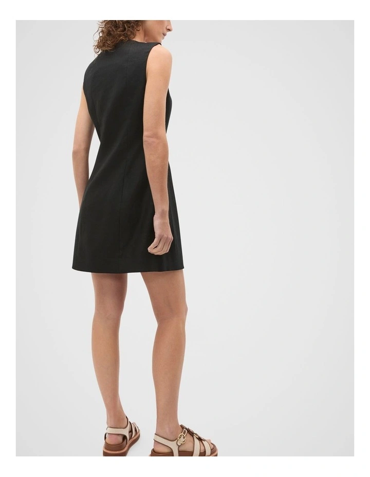 Linen V Neck Button Mini Dress in Black image 2