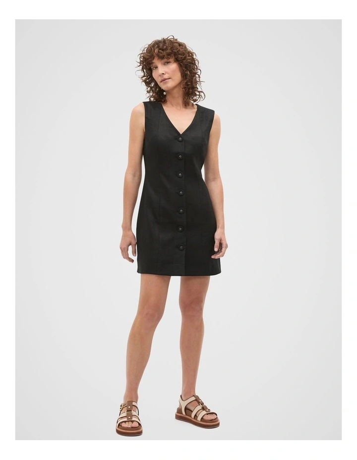 Linen V Neck Button Mini Dress in Black image 3