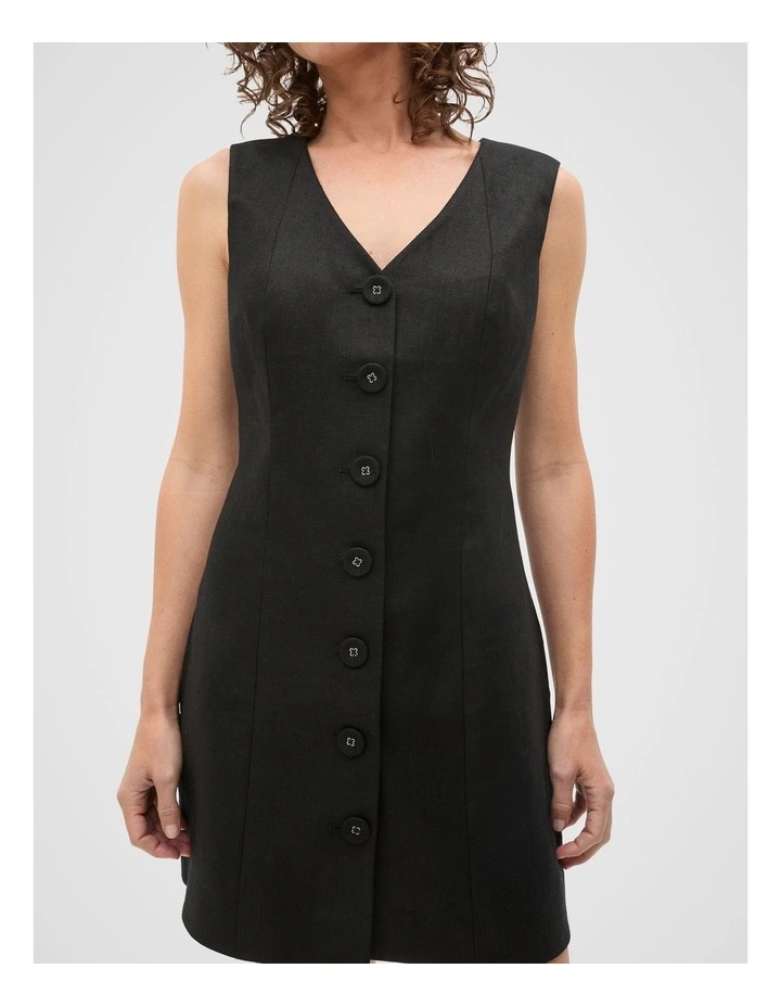 Linen V Neck Button Mini Dress in Black image 4