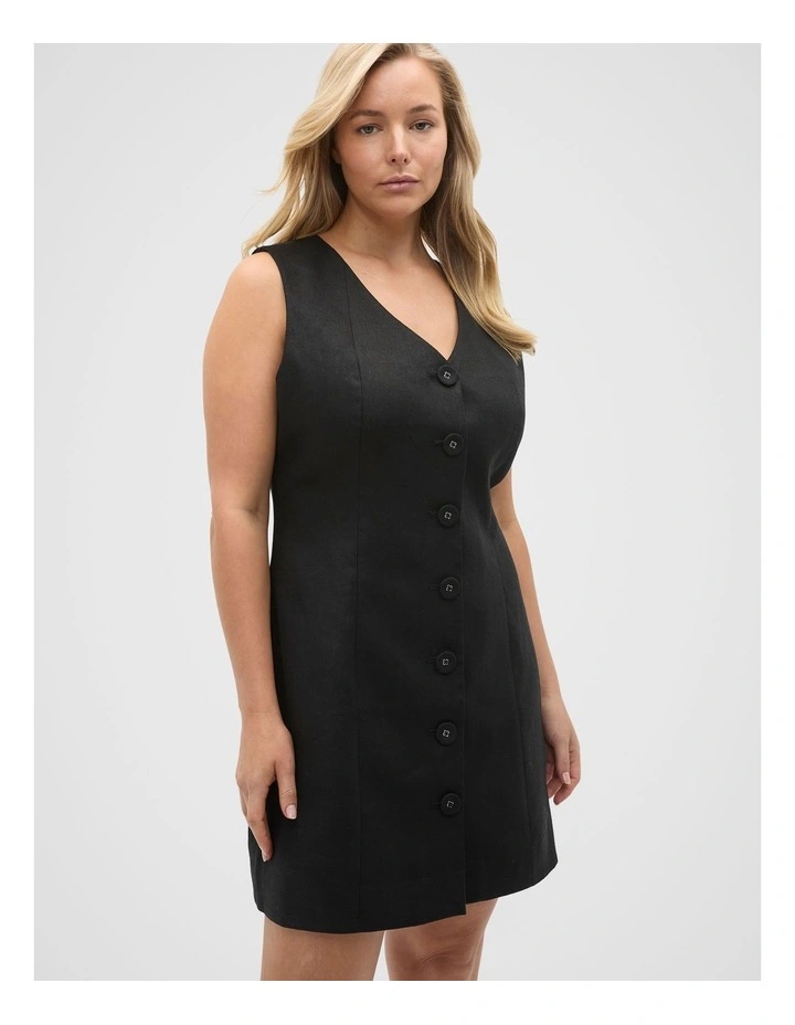 Linen V Neck Button Mini Dress in Black image 5