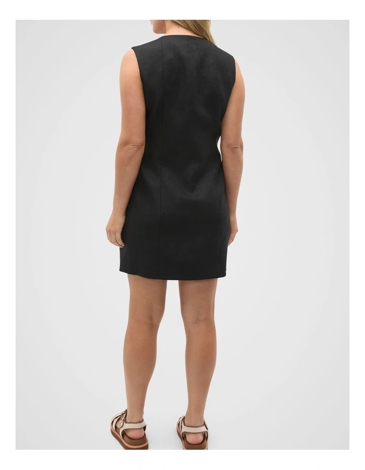 Linen V Neck Button Mini Dress in Black image 6
