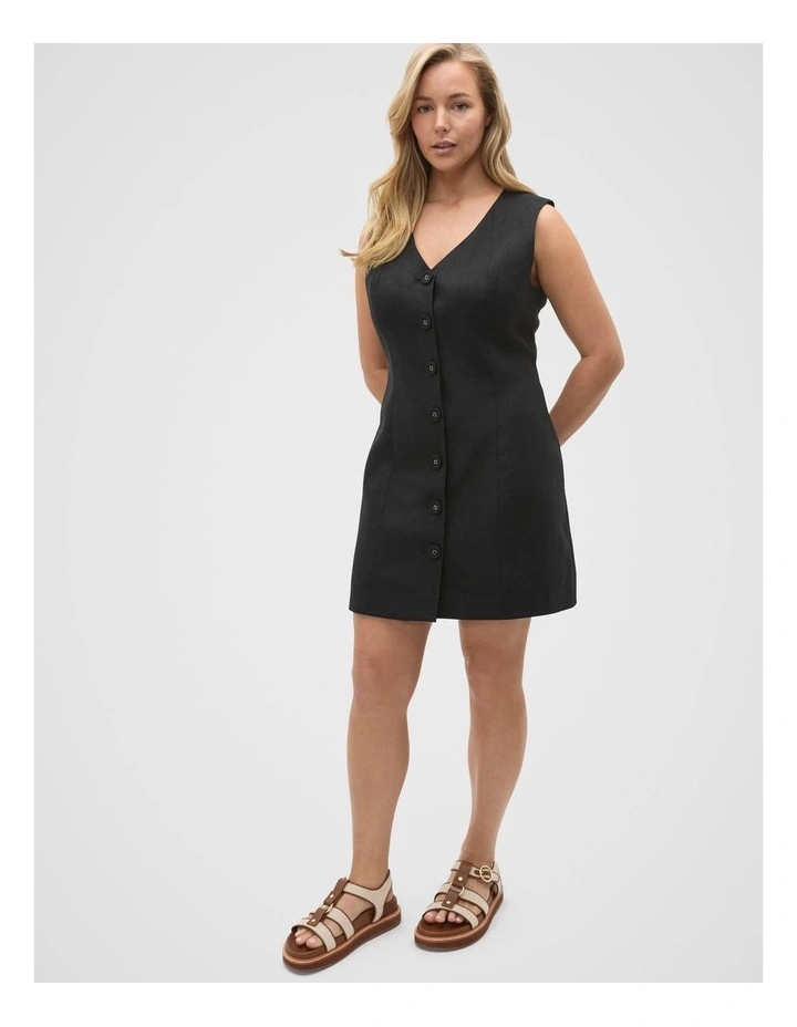 Linen V Neck Button Mini Dress in Black image 7