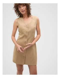 Linen V Neck Button Mini Dress in Rye