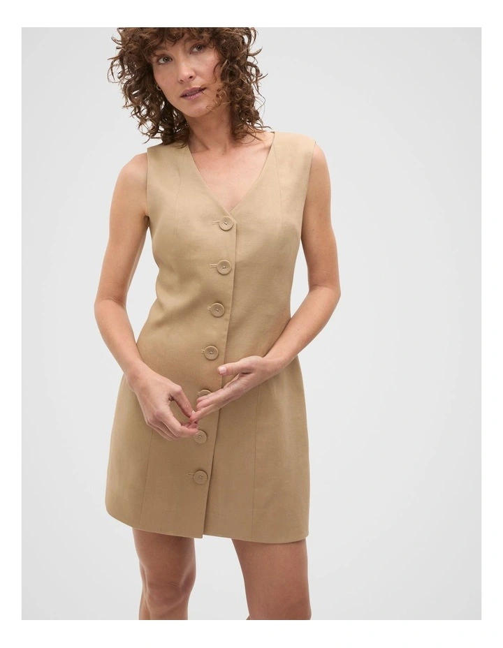 Linen V Neck Button Mini Dress in Rye image 1