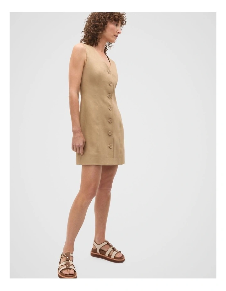 Linen V Neck Button Mini Dress in Rye image 3