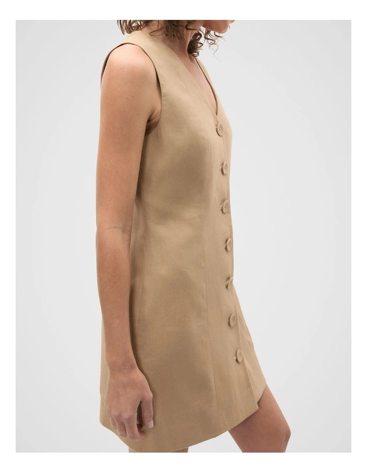 Linen V Neck Button Mini Dress in Rye image 4