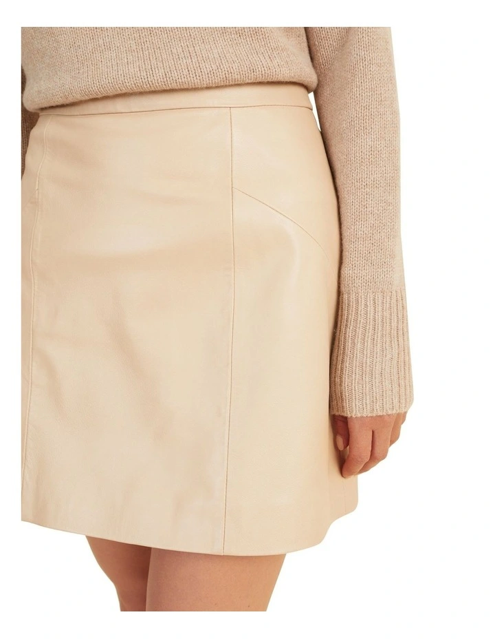 Leather A Line Mini Skirt in Beige image 3