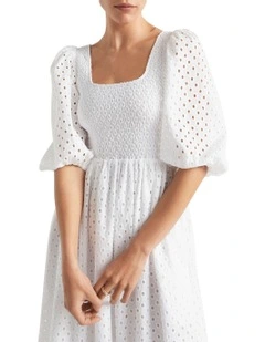 Broderie Shirred Midi Dress