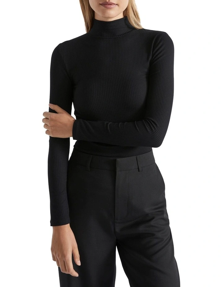 Core Rib Mock Neck Top in Black image 3