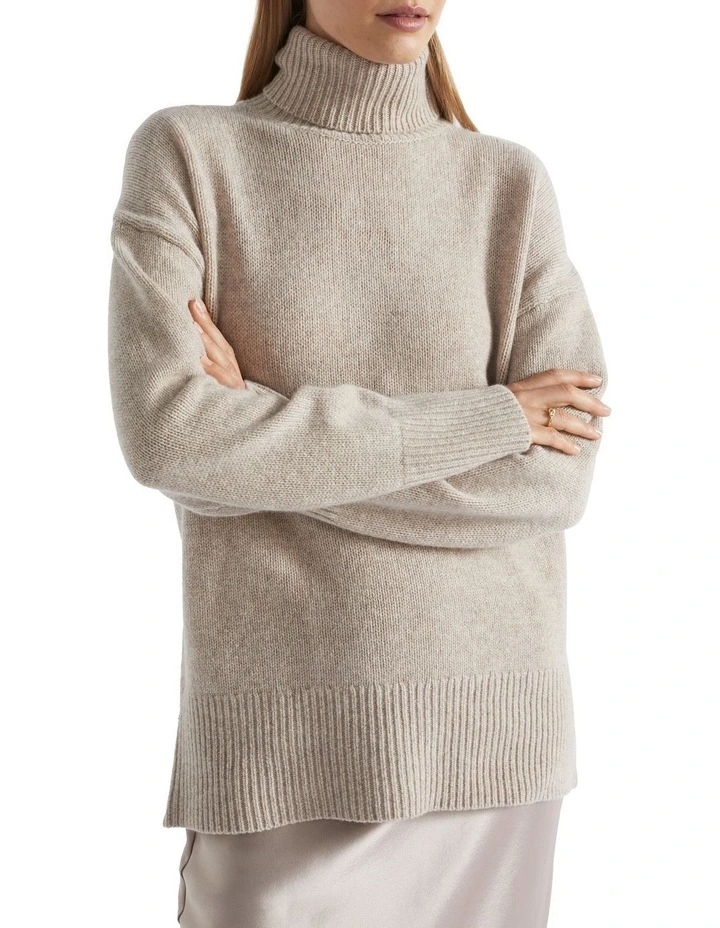 Merino Wool High Neck Knit in Beige image 2