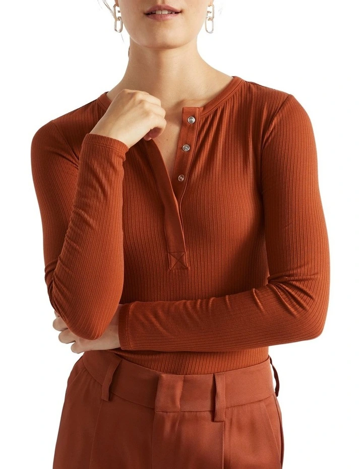Core Rib Henley Top in Orange image 1