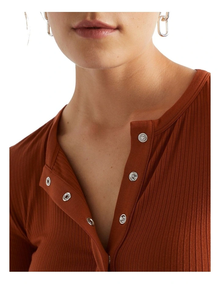 Core Rib Henley Top in Orange image 3