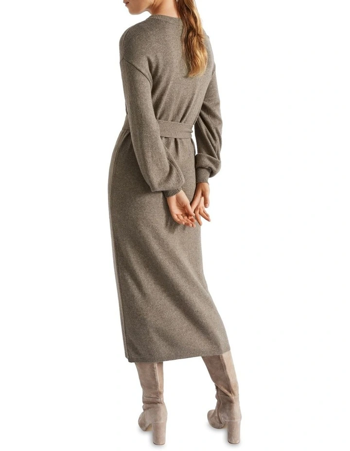 Tie Front Knit Midi Dress in Brown image 1
